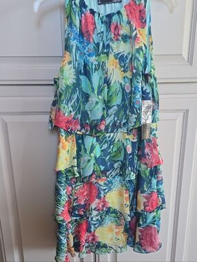 Chetta B Floral Chiffon Dress in Teal, Pink & Yellow